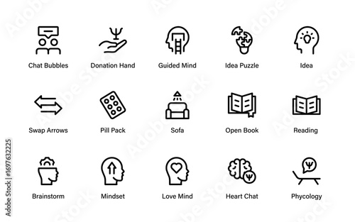 Therapy and counseling professional line icon set, modern psychology outline pack of mental health, brain care, wellness and mindfulness vector illustrations