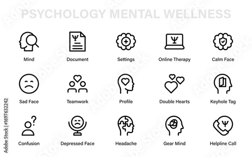 Psychology mental wellness modern line icon collection, professional therapy outline vector pack with counseling, brain care, mindfulness and emotional health symbols