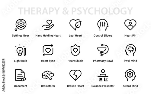 Therapy and psychology professional line icon pack, modern outline mental health set of counseling, brain care, mindfulness and emotional wellness symbols