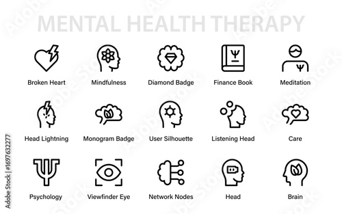 Mental health therapy professional line icon pack, modern outline collection with psychology, counseling, mindfulness, brain care and wellness design elements