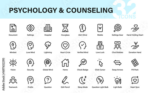 Psychology and counseling modern line icon set, professional outline therapy pack of mental health, brain care, mindfulness and emotional wellness symbols