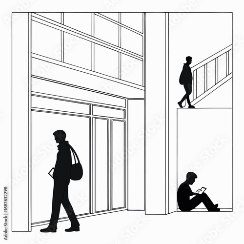 Urban Life Black and White Silhouettes of People in a Building with Stairs and Windows Portraying Quiet Moments