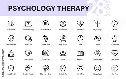 Modern psychology therapy line icon pack, professional minimal outline set of mental health, counseling, mindfulness, brain care and emotional wellness icons