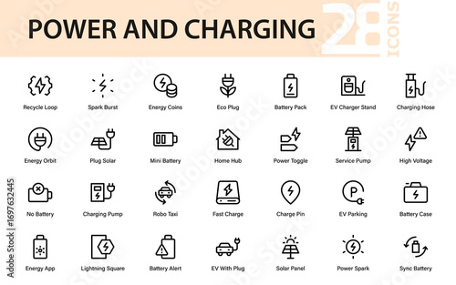 Power and charging professional line icon collection with modern minimal vector symbols of battery, socket, electric current, and plug designs