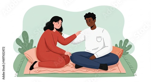 Couple Comforting on Picnic Blanket Illustration in Soft Colors