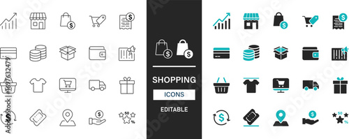 Shopping icon set line and solid style. Bag, basket, sale, store, shop, payment, barcode, delivery, gift vector collection.