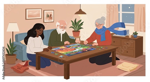 Family Doing Jigsaw Puzzle Together in Cozy Home Interior