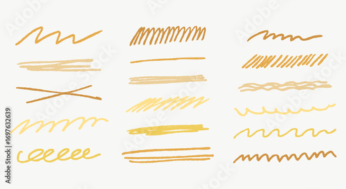 Crayon drawn doodle strokes, underlines, sketchy marker lines in yellow tones. Kid chalk decorative highlight elements for notes.