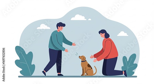 Cartoon Couple Training Brown Dog Outdoors in Flat Illustration Style
