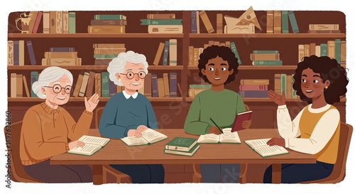 Diverse Group Studying at Table with Books in Library Illustration