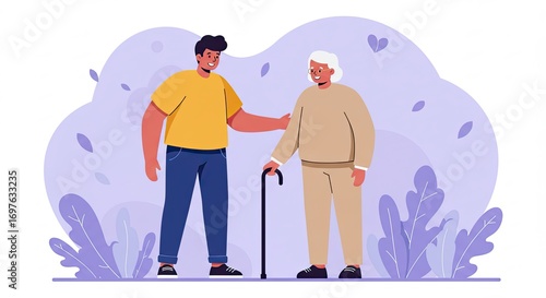 Caring Young Man Helping Elderly Woman with Walking Stick