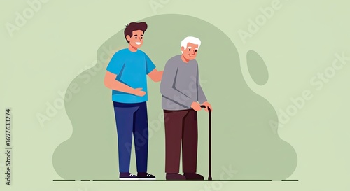 Caring Young Man Helping Elderly Man with Cane on Light Green Background