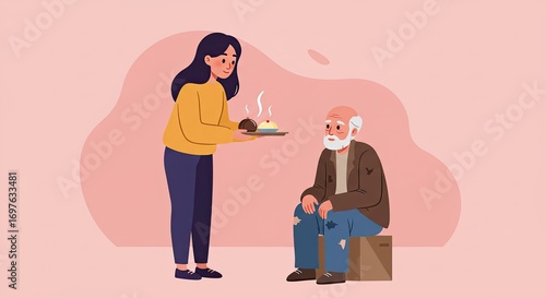 Caring Young Woman Serving Warm Food to Older Homeless Man on Pink Background