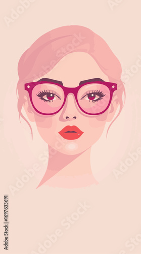 Ethereal spiritual vibe, soft cinematic haze, inspires a logo of pink glasses. Flat art illustration of a beautiful girl with refined features, in geometric shapes and clean lines. 
