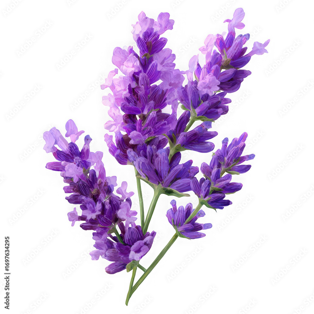 Fototapeta premium Aromatic lavender sprig with purple flowers isolated transparent background herb floral on white background