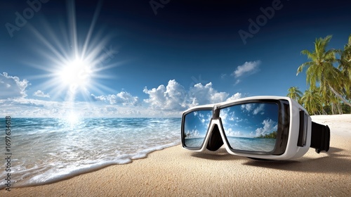 White scuba mask on tropical beach sand