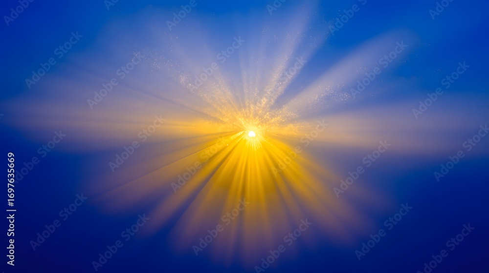 Obraz premium Radiant golden rays of sunlight burst through a vibrant blue sky, creating a beautiful celestial display.
