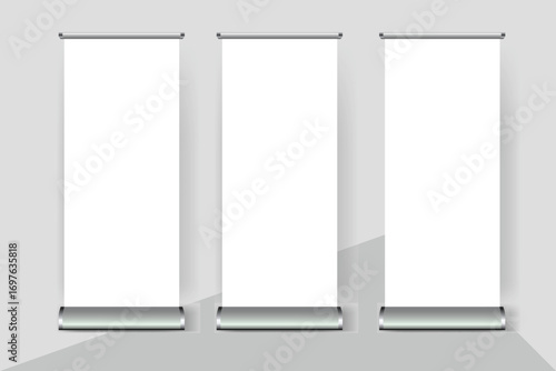 Realistic blank roll up banner mockup set for presentation, exhibition, advertising, trade show, and corporate branding design template on clean background