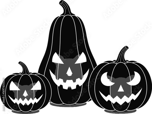Three spooky halloween pumpkins with glowing eyes, creating a festive and eerie atmosphere