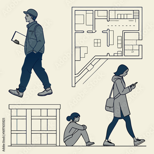 Stylized Urban Scene with People and Architectural Plans Flat Illustration with Walking Person and City Life