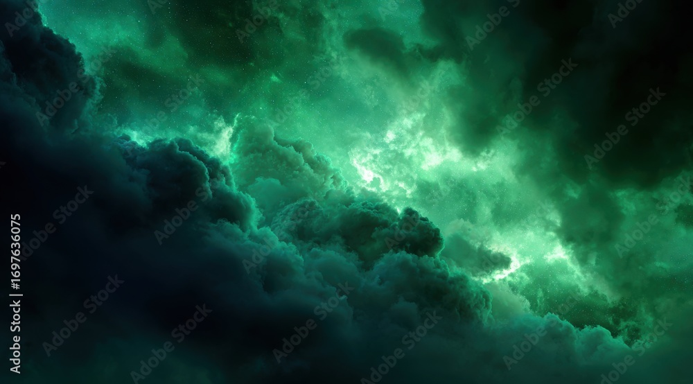 Fototapeta premium Emerald Green Nebula and Dark Clouds Cosmic Landscape