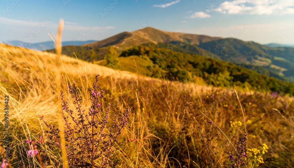 Fototapeta premium Golden mountain meadow bathed in sunlight