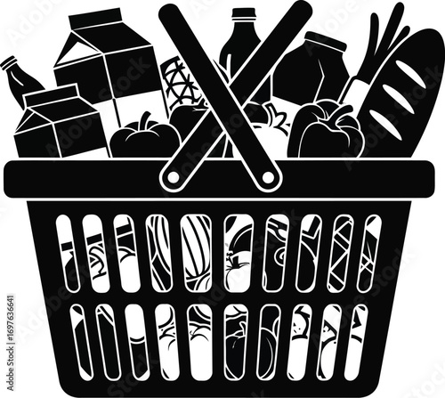 Silhouette of a shopping basket full of groceries, vector illustration