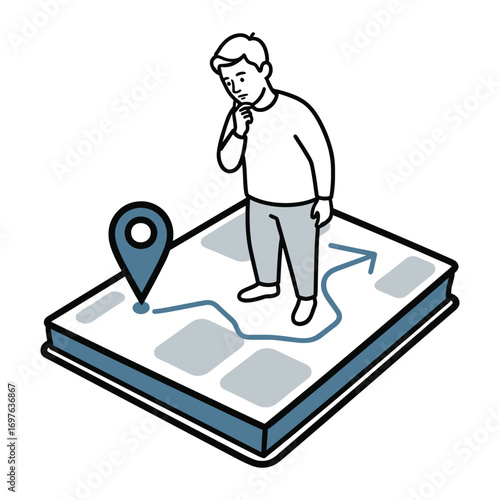 Vector illustration Man pondering map with route and location pin