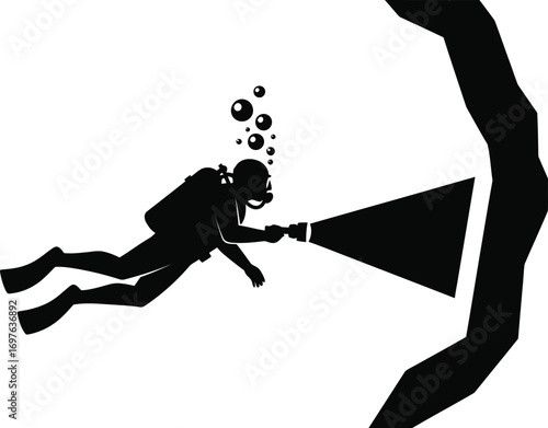 Silhouette of a scuba diver exploring a cave with a flashlight, adventure concept