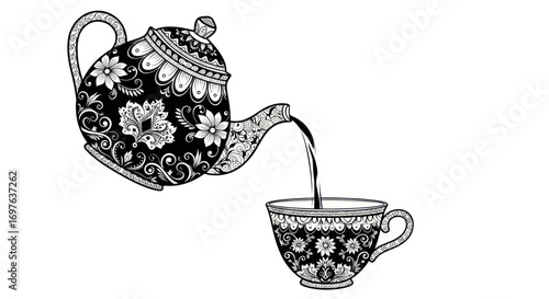 Intricate monochrome teapot pouring into floral patterned cup illustration art piece