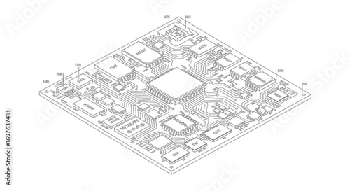 Isometric conceptual outline illustration of a microchip circuit board blueprint