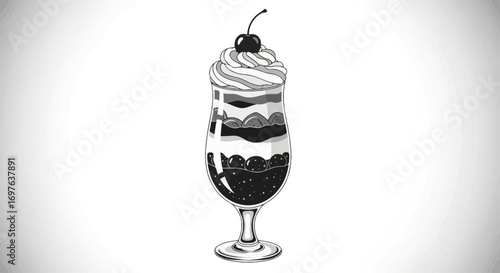 Monochromatic delight a sketched parfait glass filled with layered desserts and a cherry