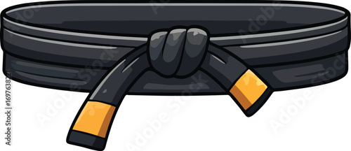 A black martial arts belt with yellow ends tied in a knot on a white background.