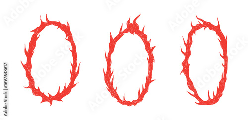 Hand drawn flame border set. Blazing crayon oval frames. Red burning fires sketch for photo, collage, punk grafitti. Hot flaming circles shapes. Isolated Vector illustration.  
