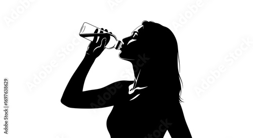 Monochrome depiction of a female figure drinking from a transparent water bottle silhouette