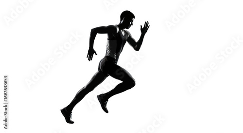 Monochrome image portraying a runner in full stride against white background showcases athleticism