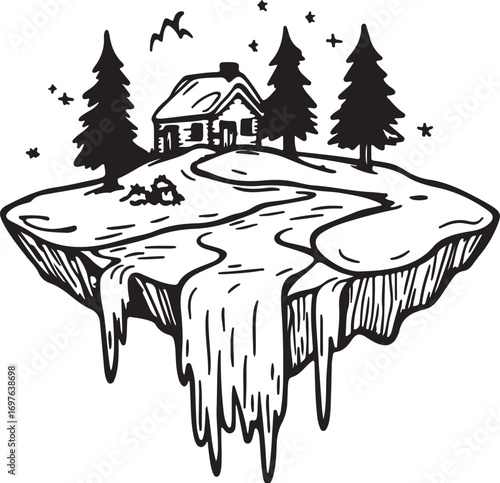 Whimsical hand drawn illustration of a small cabin on a floating island with waterfall and trees