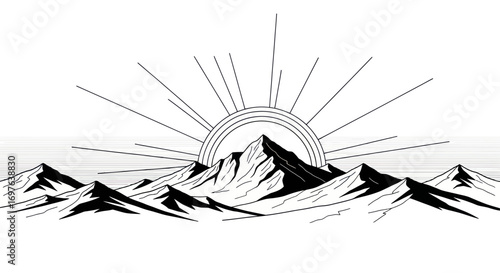 Monochrome panorama capturing towering mountain peaks under a radiant rising sun