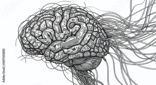 Monochrome rendering of a highly detailed cybernetic human brain with cable connections