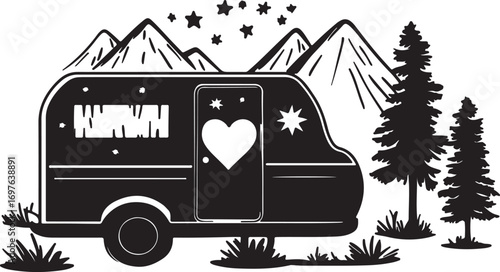 Rustic black silhouette of a vintage camper van under a starry sky with mountains and pine trees
