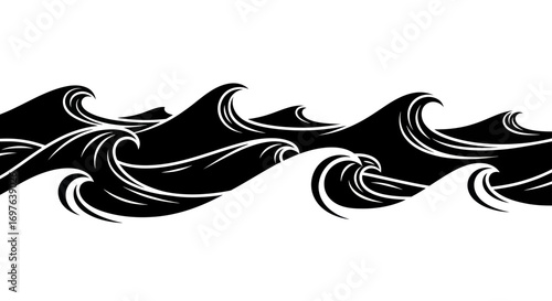 Monochrome stylized ocean waves with elegant lines and detailed curvatures vector illustration