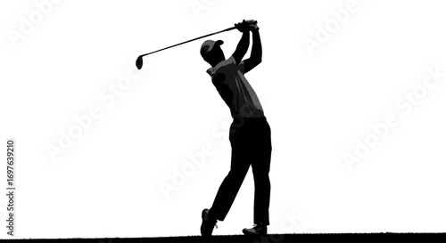 Silhouette of a focused golfer in mid-swing against a stark white backdrop showcasing athleticism