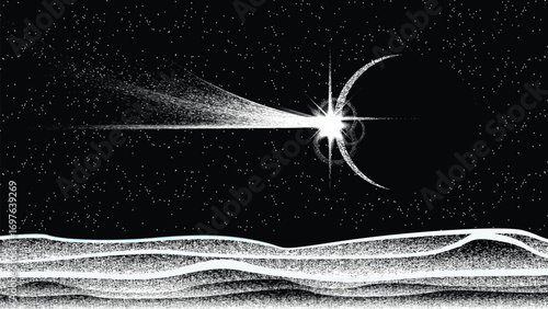 Comet and planet in space. Futuristic landscape, with noise texture . Night landscape with starry sky .Vector illustration