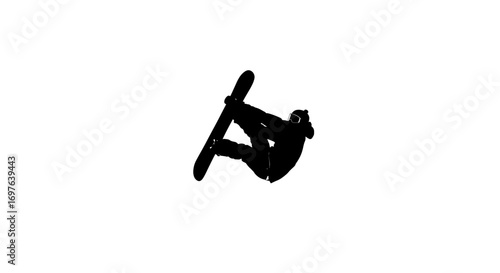 Silhouette of a snowboarder executing a trick against a stark white backdrop provides stark contrast