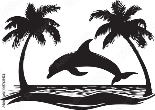 Silhouette of a leaping dolphin between two palm trees on a tropical beach at sunset