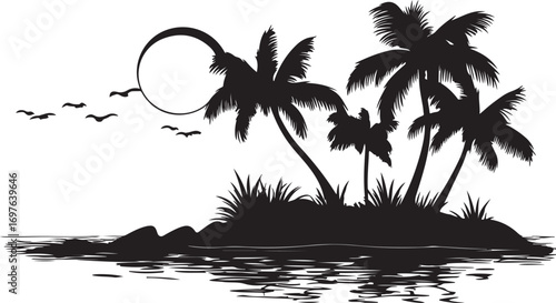 Silhouette of a tropical island with palm trees and a large moon over the ocean