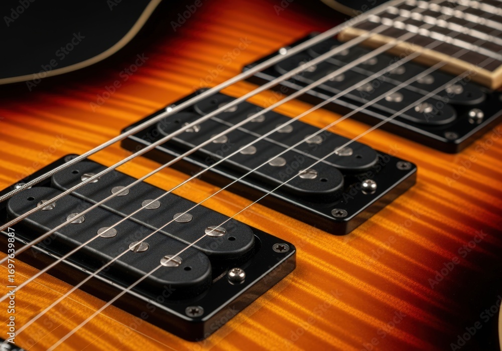 Fototapeta premium Vibrant electric guitar body, strings, and pickups detail