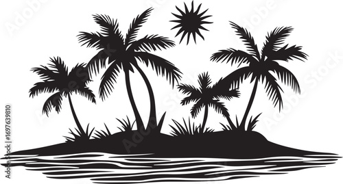 Silhouette of a tropical island with palm trees and a bright sun over wavy ocean water