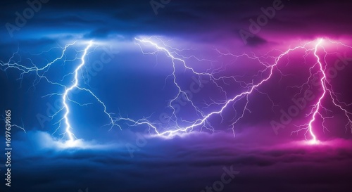 Wallpaper Mural Vibrant blue and pink lightning bolts strike across a dark, stormy sky, illuminating the clouds with electric energy Torontodigital.ca