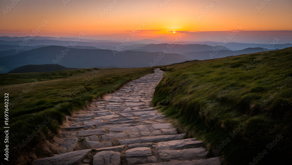 Fototapeta premium Serene Sunset Mountain Path Wallpaper: Stone Steps, Grassy Hills, Peaceful Landscape, Cute Nature Scene.